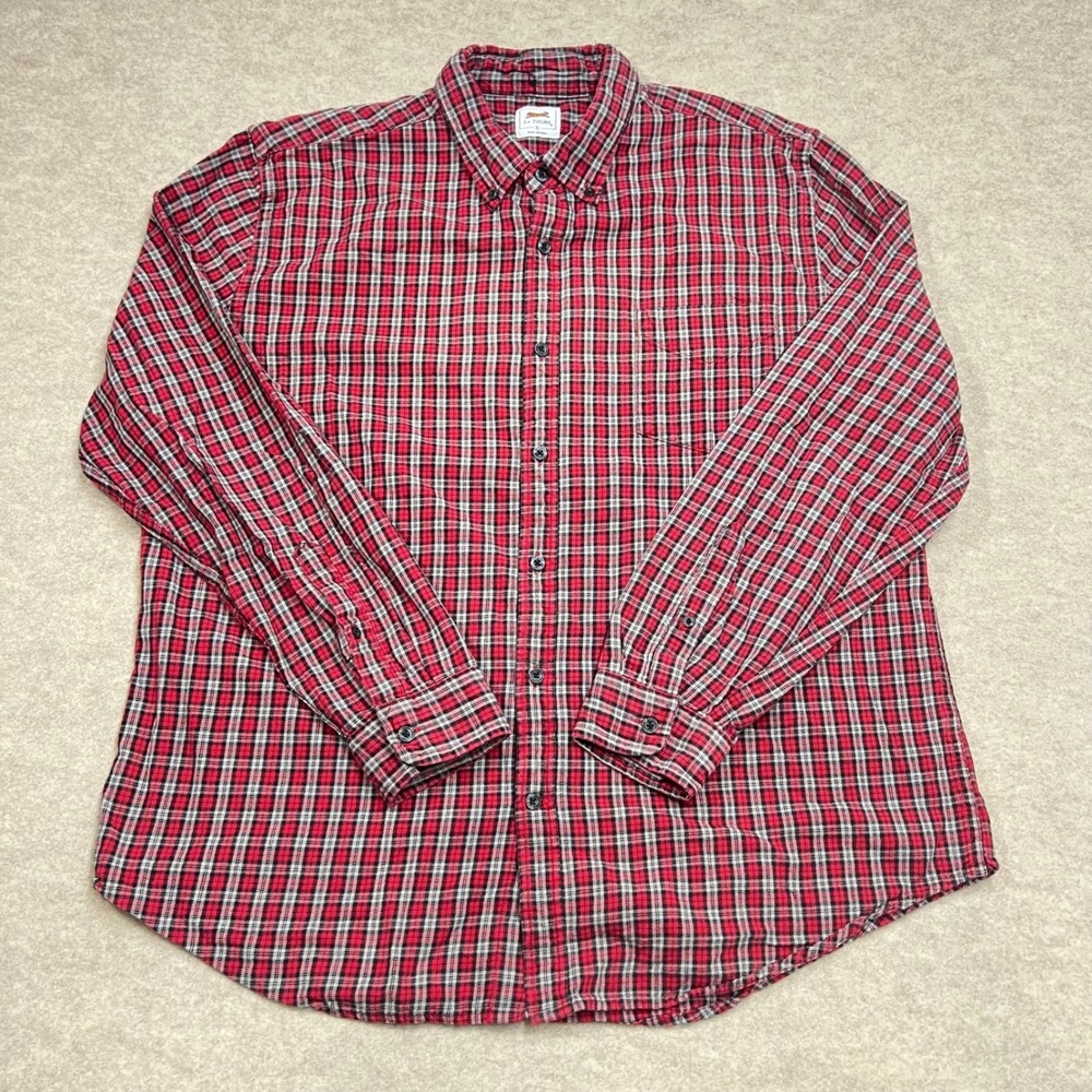 Y2K Le Tigre Mens XL Plaid Flannel Button Down Shirt Red Black White Long Sleeve